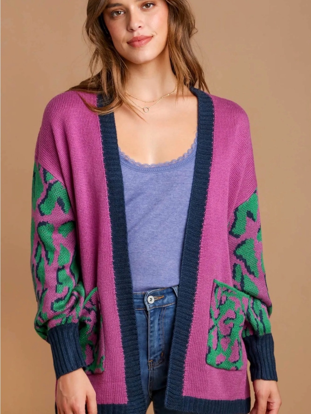 Umgee Magenta Open Cardigan with Green Leopard Sleeves and Navy Trim